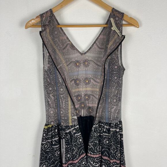 Carolina K Black Printed Sheer Bodice Beaded Silk Aztec Floral Maxi Dress Small - Picture 6 of 16